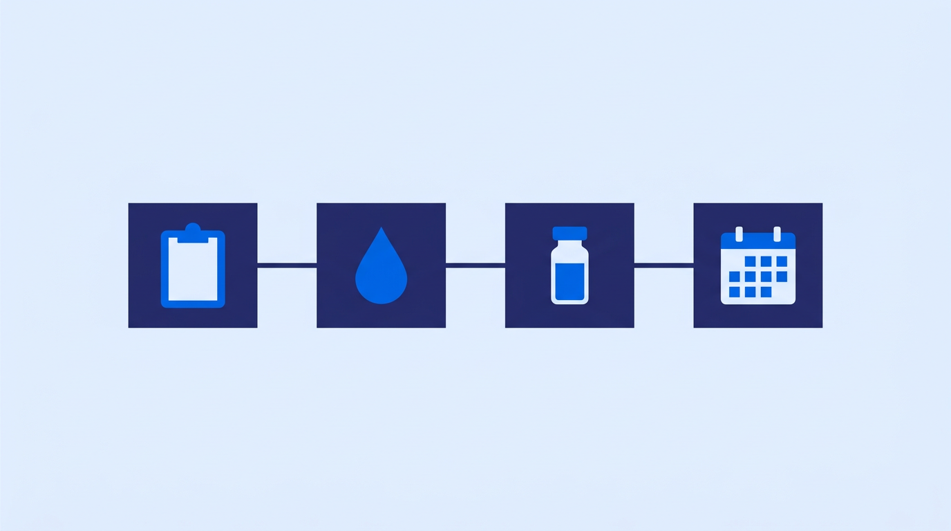 The four stages of the medical weight loss programme: an initial consultation, laboratory testing, a prescribed medication plan, and scheduled check-ins